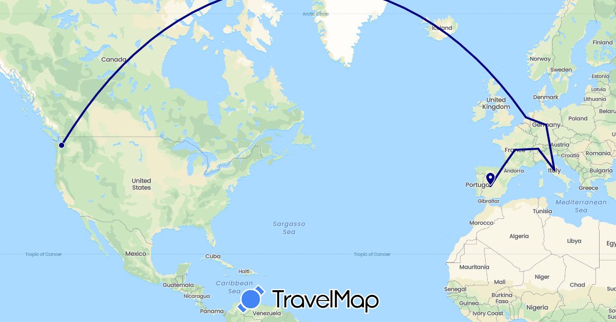 TravelMap itinerary: driving in Switzerland, Germany, Spain, France, Italy, Netherlands, United States (Europe, North America)